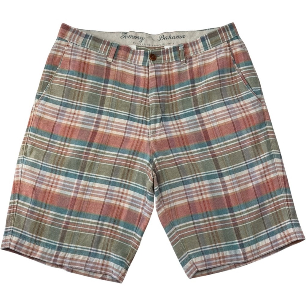Tommy Bahama Mens Plaid Linen Tencel Shorts Multicolor Flat Front Size 33